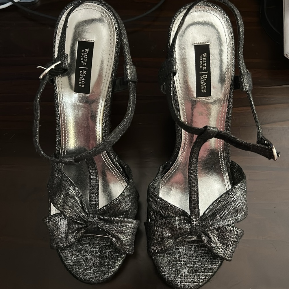White House Black Market NEW black and silver with black jute wedge sandal 9.5